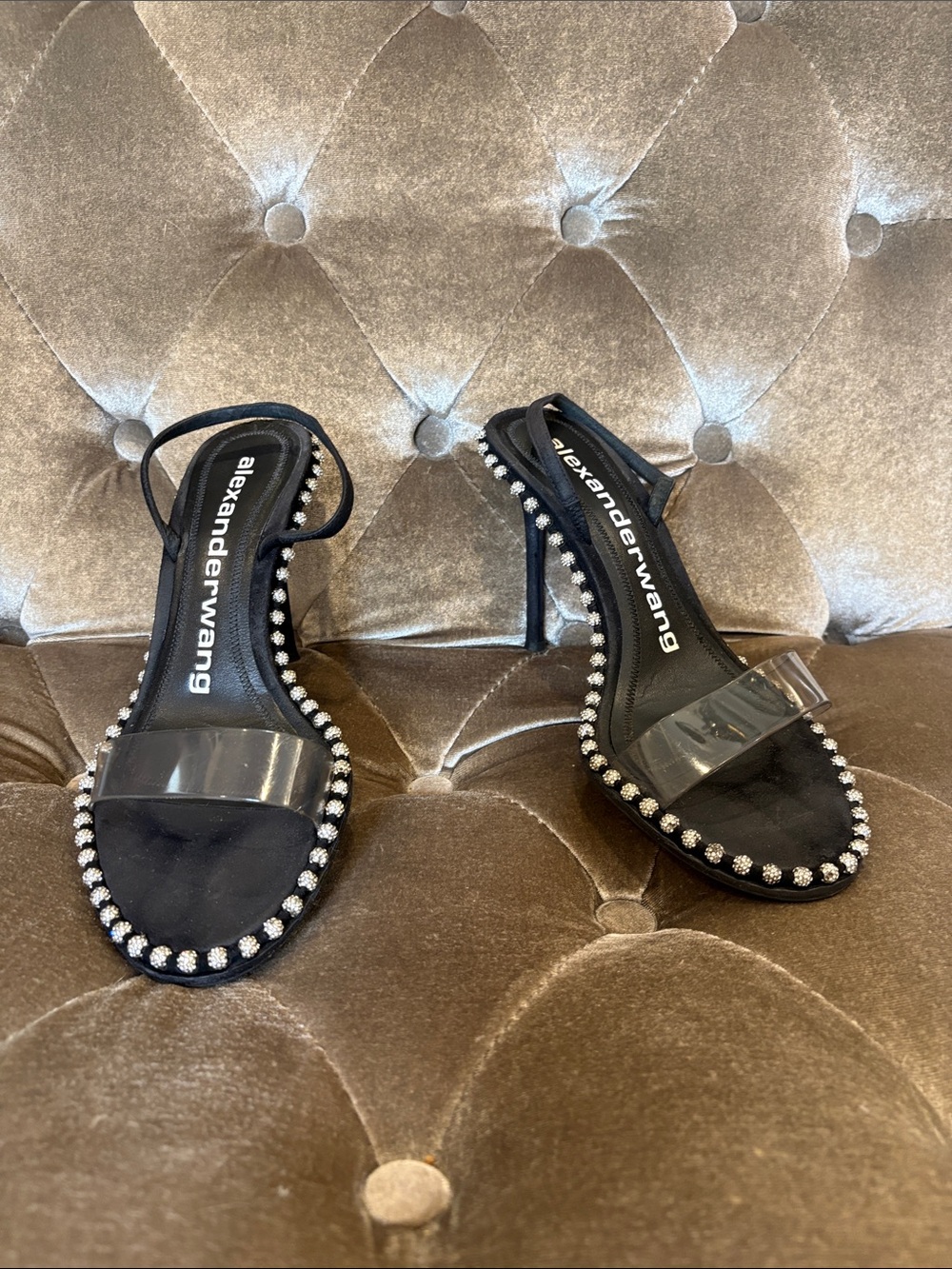 Alexander Wang Nova Black Crystal-Trim Clear Strap Stiletto Slingback Sandals